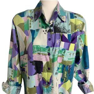Vintage 80s Button Down Shirt Dress M Multicolor Blue Abstract Oversized Funky